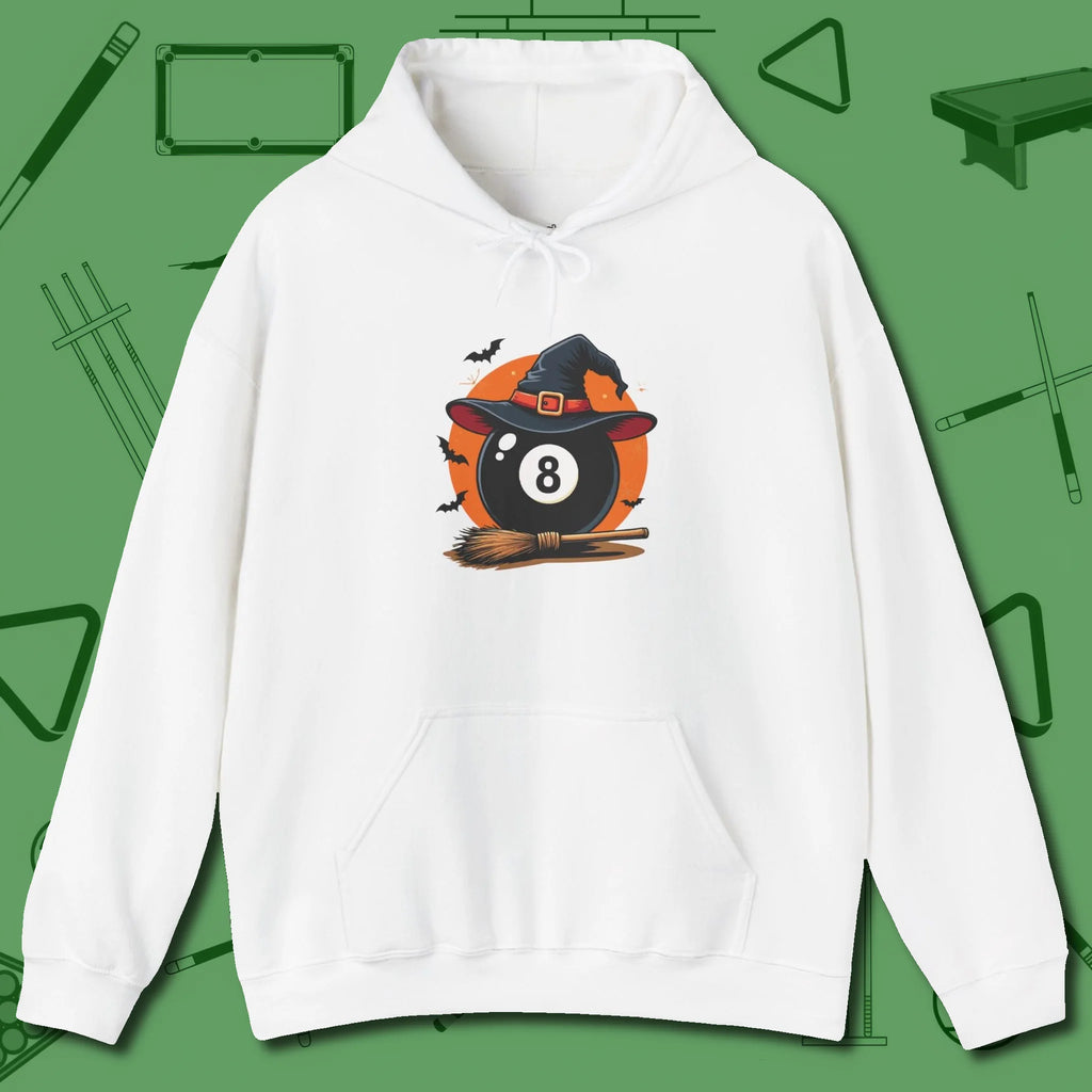 Halloween Witch Eight Ball Hoodie, front view, in White what the real shooters wear