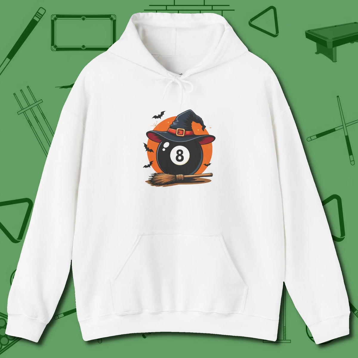 Halloween Witch Eight Ball Hoodie, front view, in White what the real shooters wear