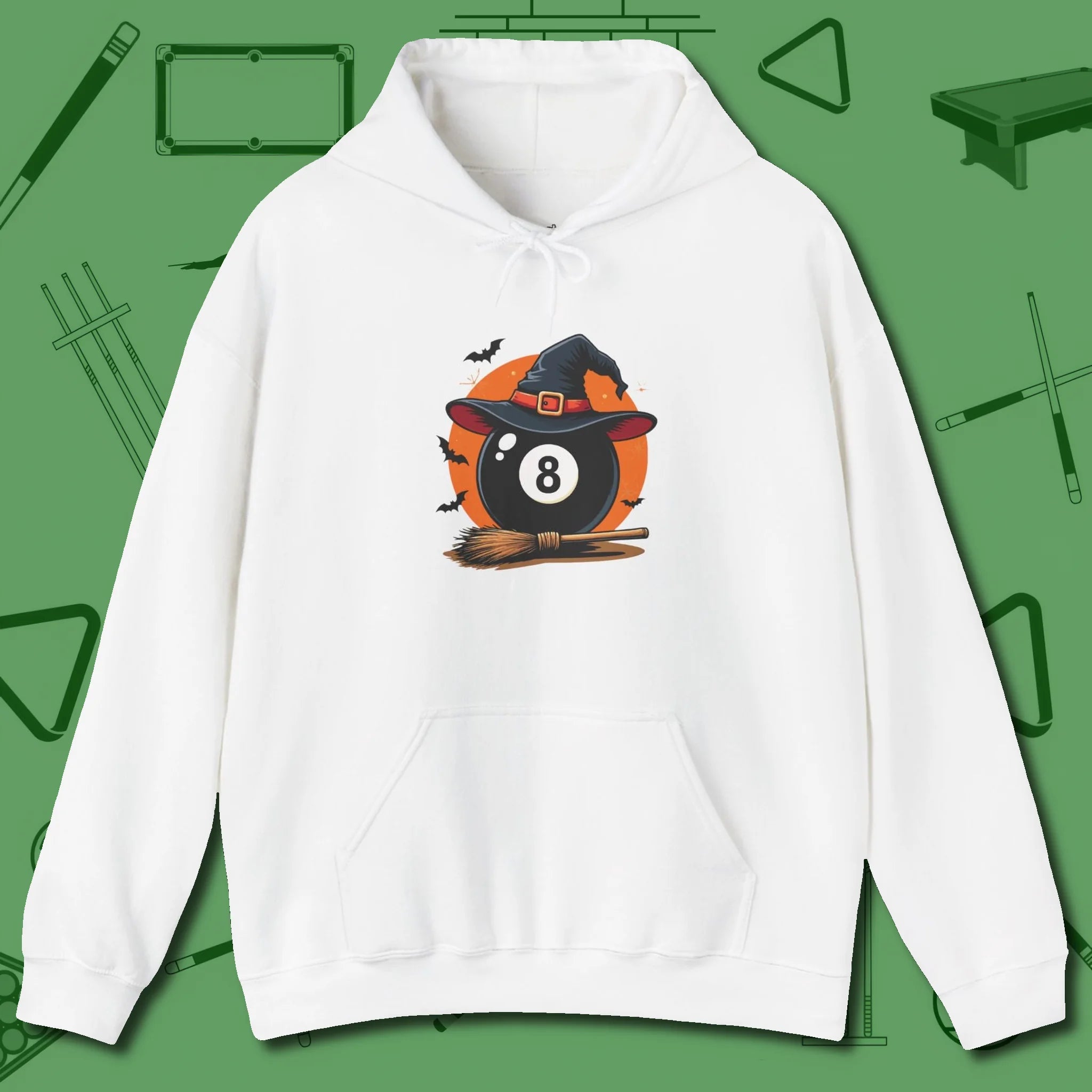 Halloween Witch Eight Ball Hoodie, front view, in White what the real shooters wear