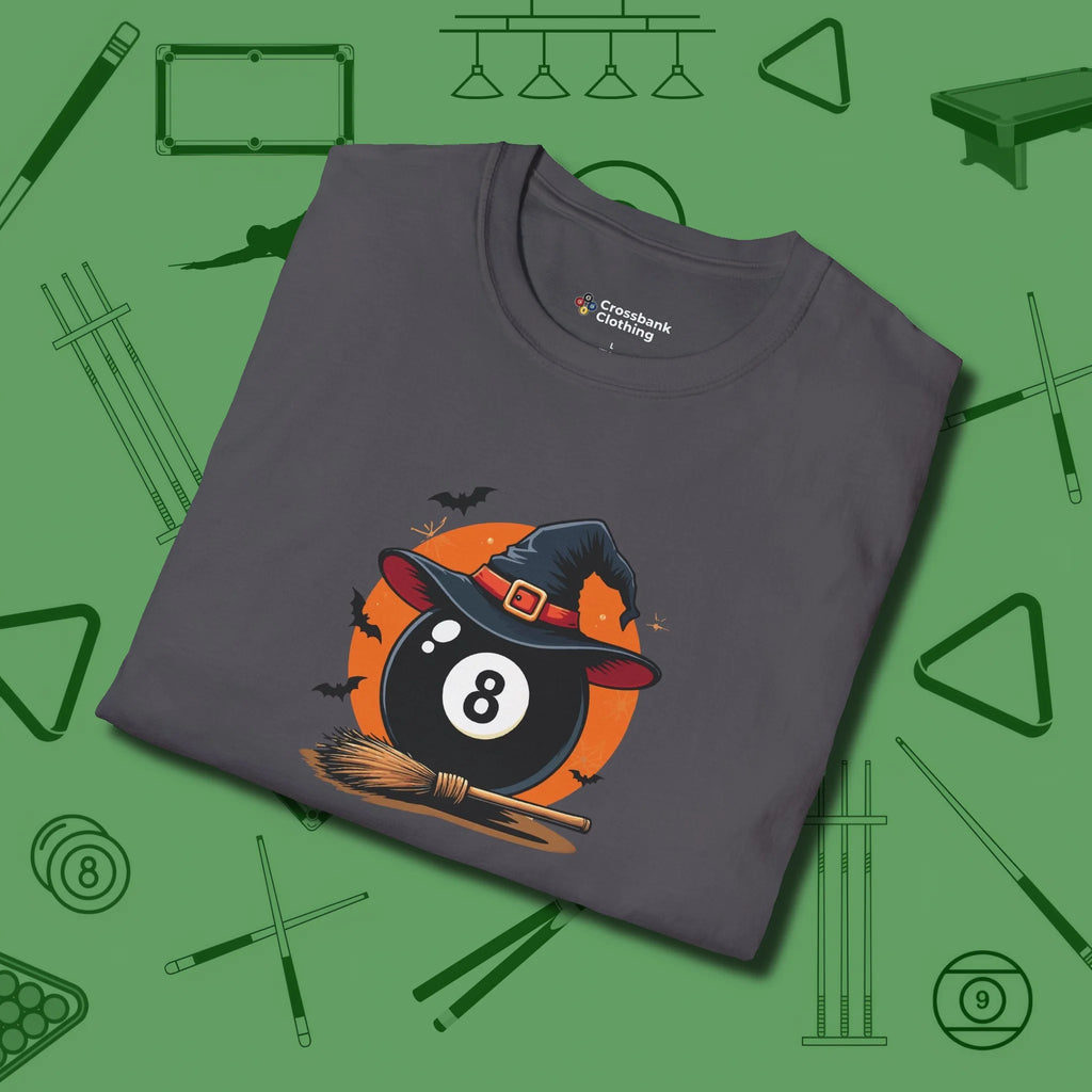 Halloween Witch Eight Ball T-Shirt, folded view, in Charcoal an extension of your pool persona