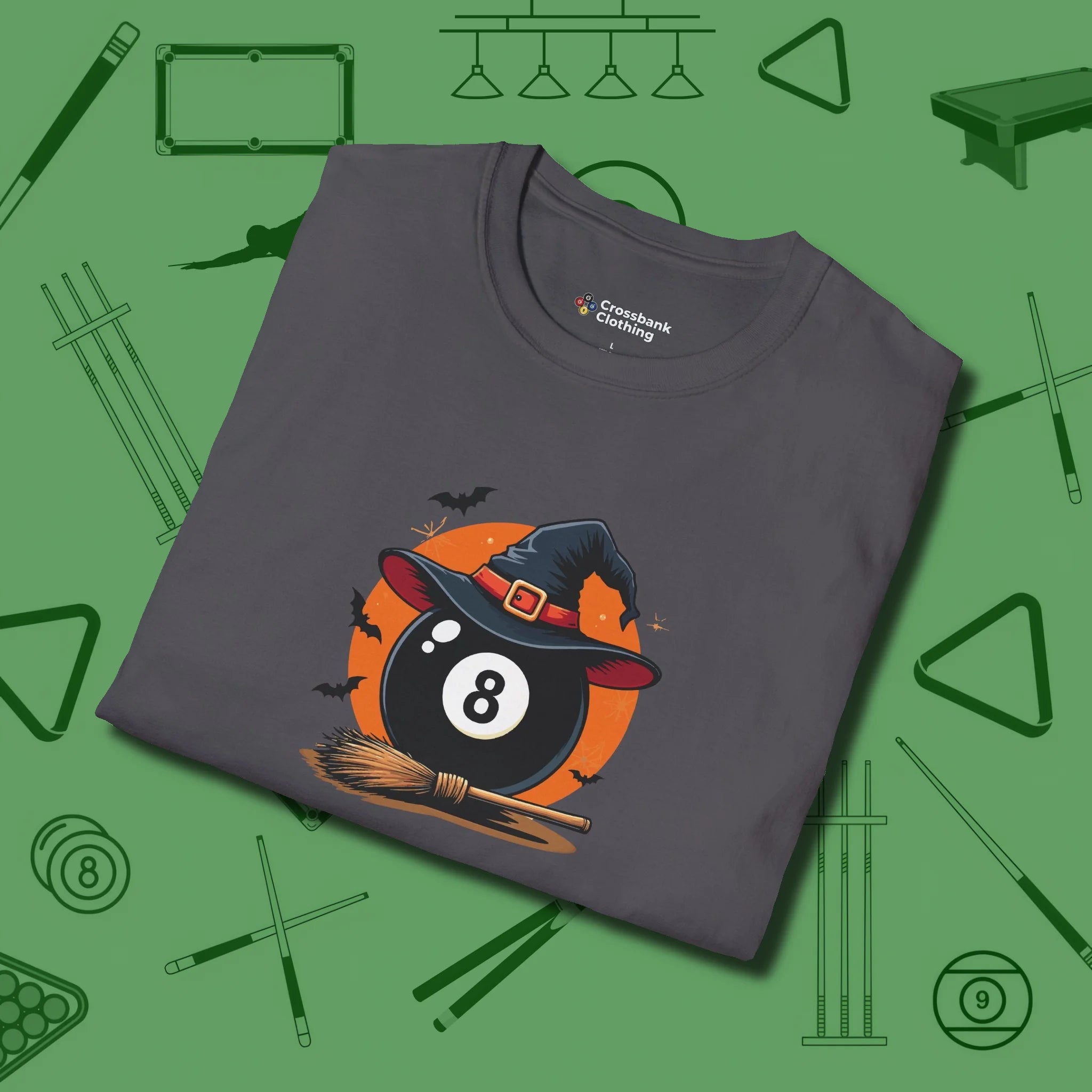 Halloween Witch Eight Ball T-Shirt, folded view, in Charcoal an extension of your pool persona