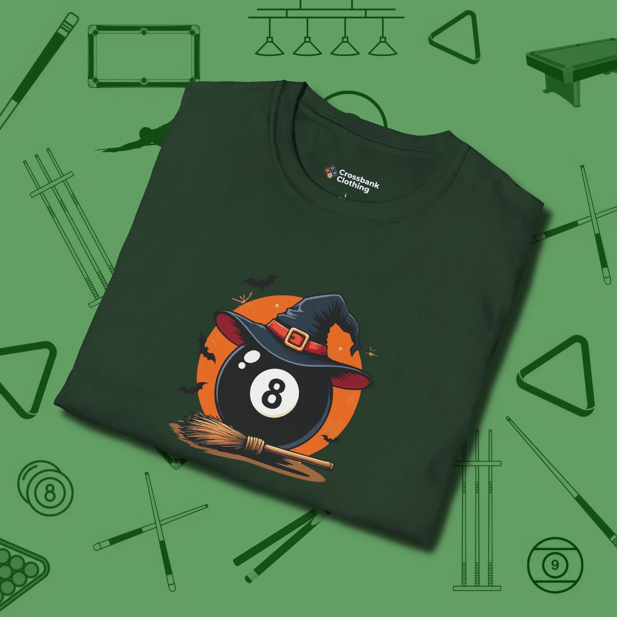 Halloween Witch Eight Ball T-Shirt, folded view, in Forest Green dress for the shot you want to take