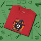 Halloween Witch Eight Ball T-Shirt, folded view, in Red because the table is your battlefield