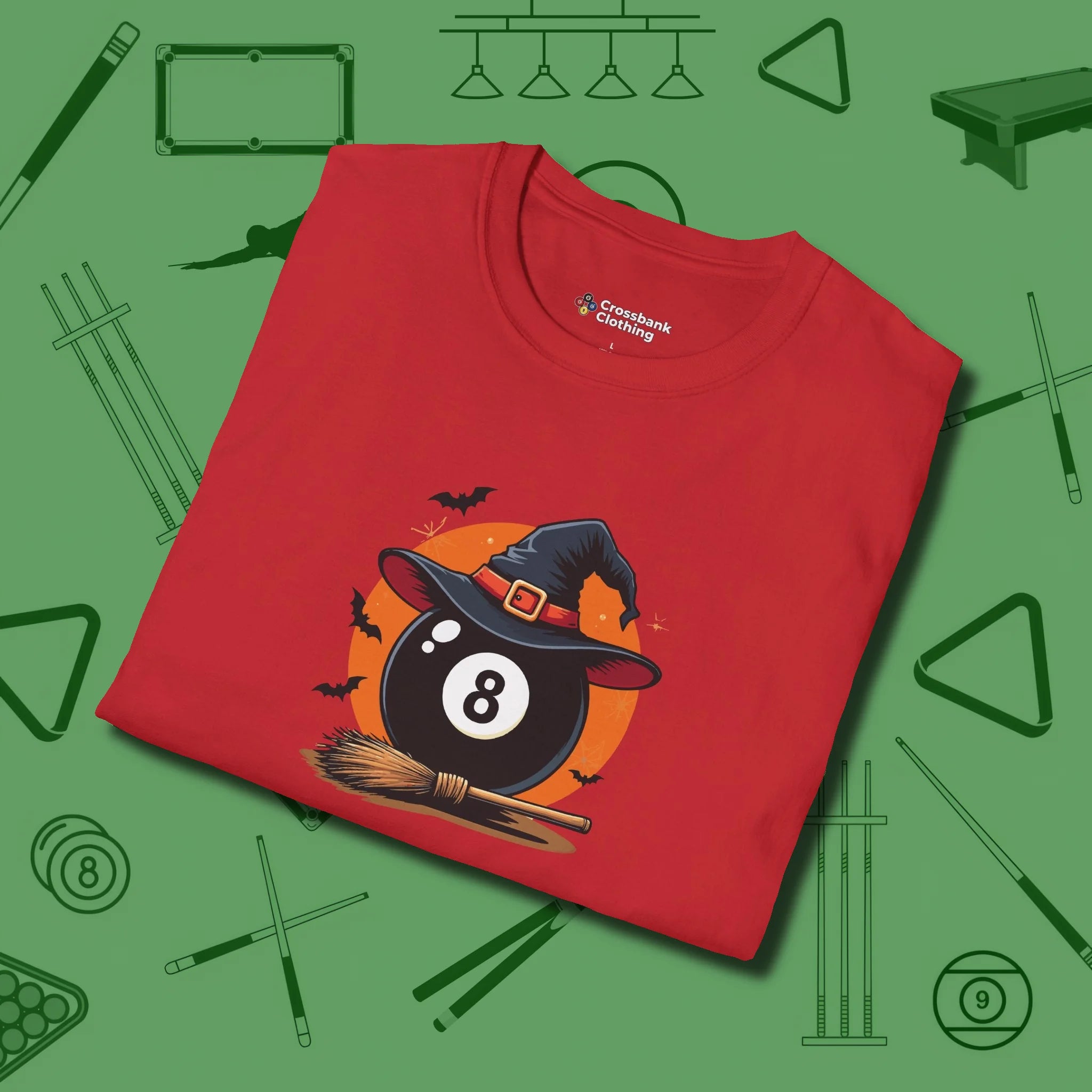Halloween Witch Eight Ball T-Shirt, folded view, in Red because the table is your battlefield