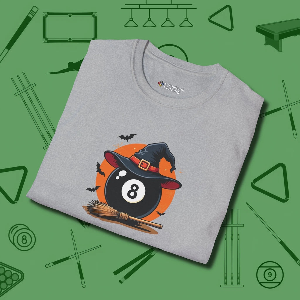 Halloween Witch Eight Ball T-Shirt, folded view, in Sport Grey poolroom style with tournament attitude