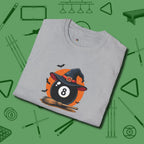 Halloween Witch Eight Ball T-Shirt, folded view, in Sport Grey poolroom style with tournament attitude