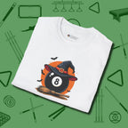Halloween Witch Eight Ball T-Shirt, folded view, in White stitched for cue discipline and cool confidence