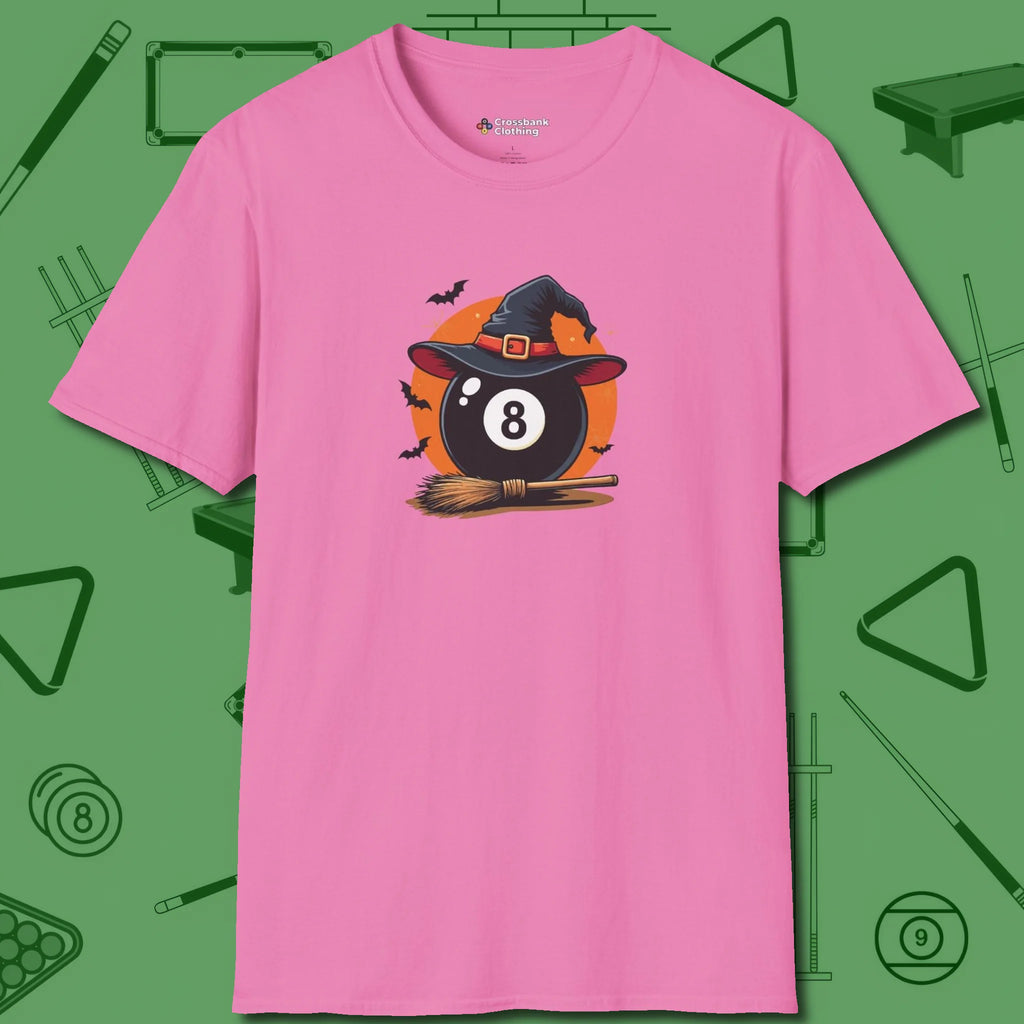 Halloween Witch Eight Ball T-Shirt, front view, in Azalea poolroom style with tournament attitude