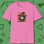 Halloween Witch Eight Ball T-Shirt, front view, in Azalea poolroom style with tournament attitude