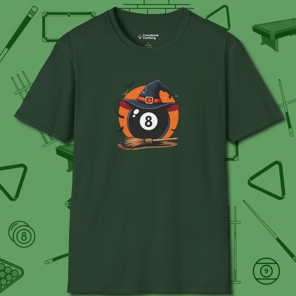 Halloween Witch Eight Ball T-Shirt, front view, in Forest Green designed for dead stroke and deadpan looks