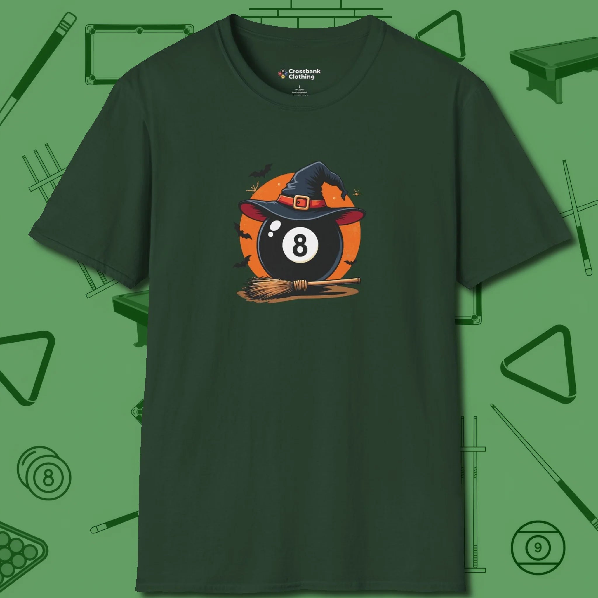 Halloween Witch Eight Ball T-Shirt, front view, in Forest Green designed for dead stroke and deadpan looks