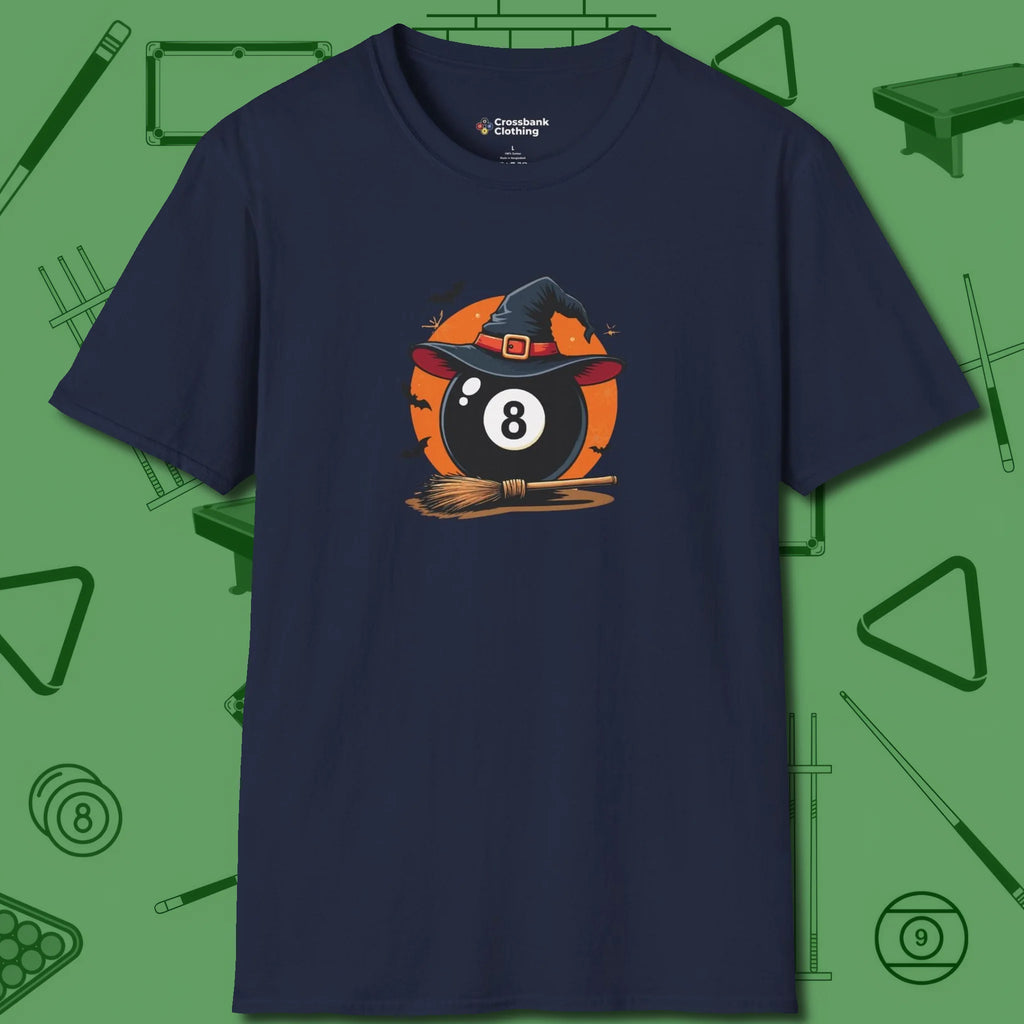 Halloween Witch Eight Ball T-Shirt, front view, in Navy a clean fit for the dirtiest safeties