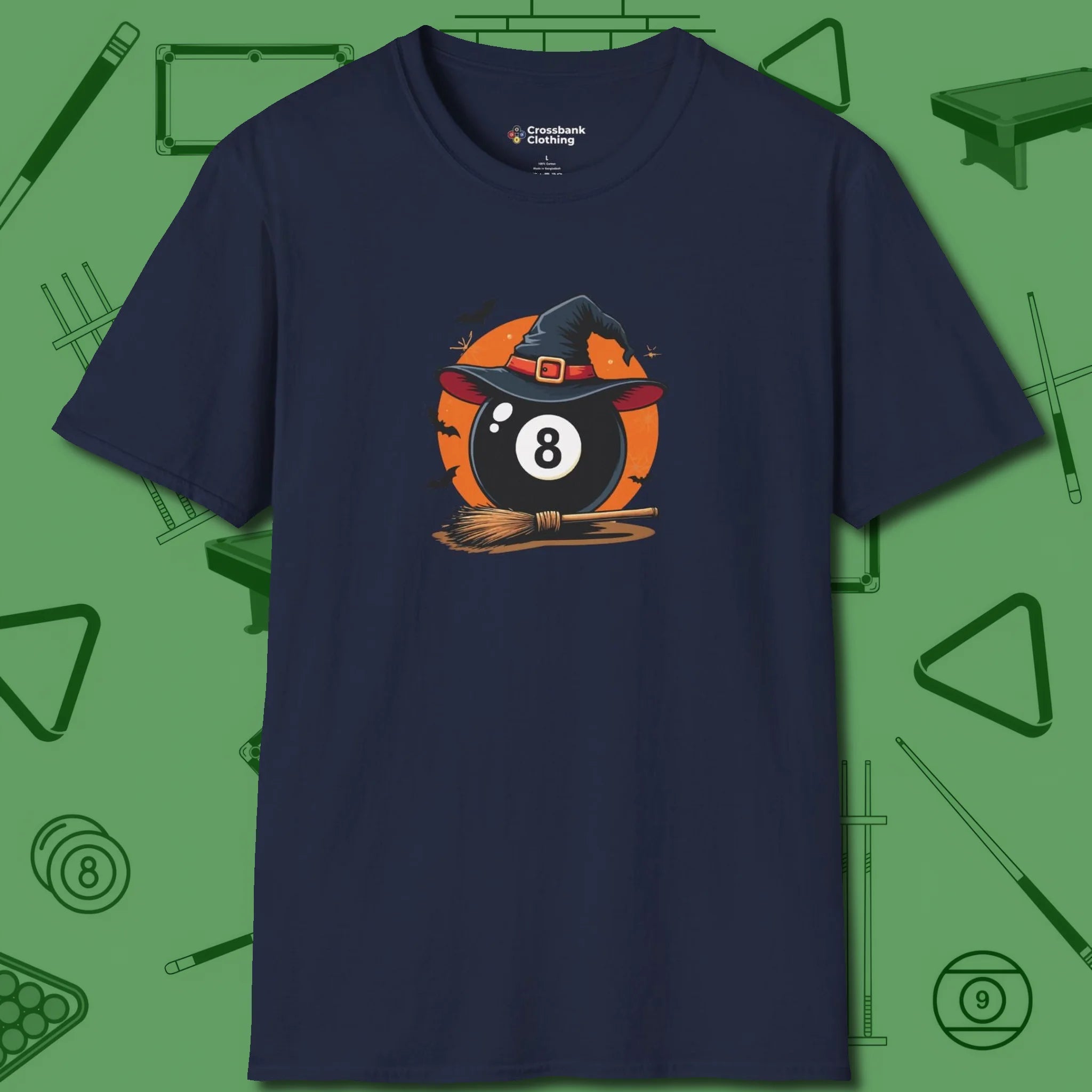 Halloween Witch Eight Ball T-Shirt, front view, in Navy a clean fit for the dirtiest safeties