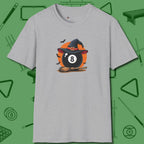 Halloween Witch Eight Ball T-Shirt, front view, in Sport Grey because pool isn’t just a game — it’s who you are