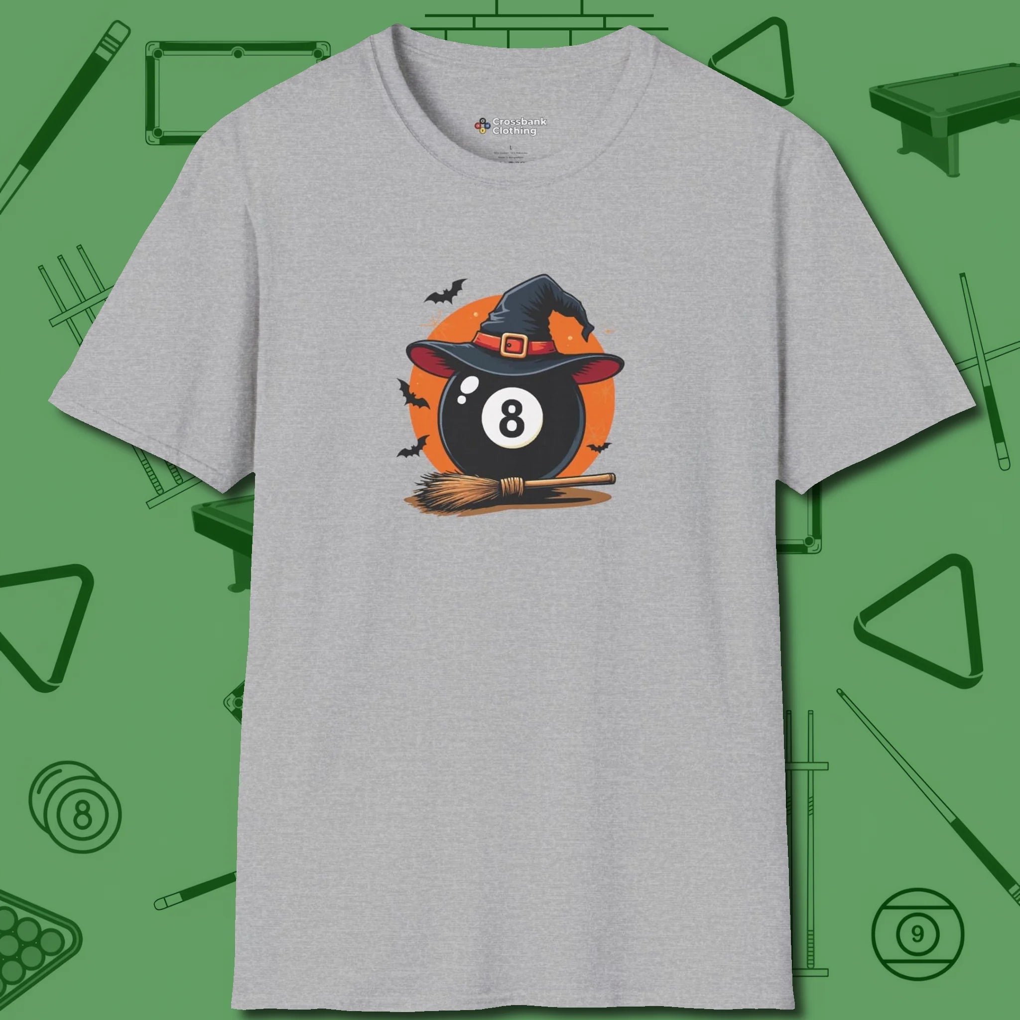 Halloween Witch Eight Ball T-Shirt, front view, in Sport Grey because pool isn’t just a game — it’s who you are
