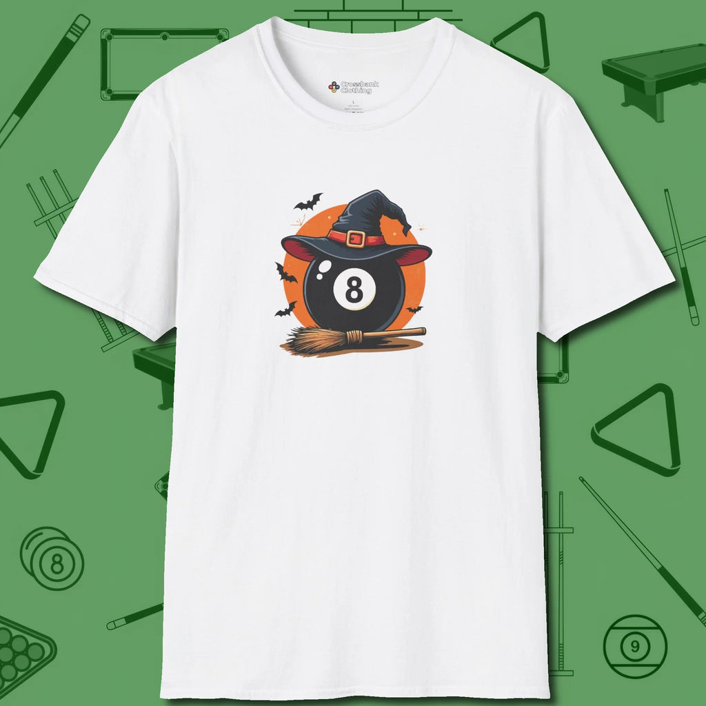 Halloween Witch Eight Ball T-Shirt, front view, in White stitched for cue discipline and cool confidence