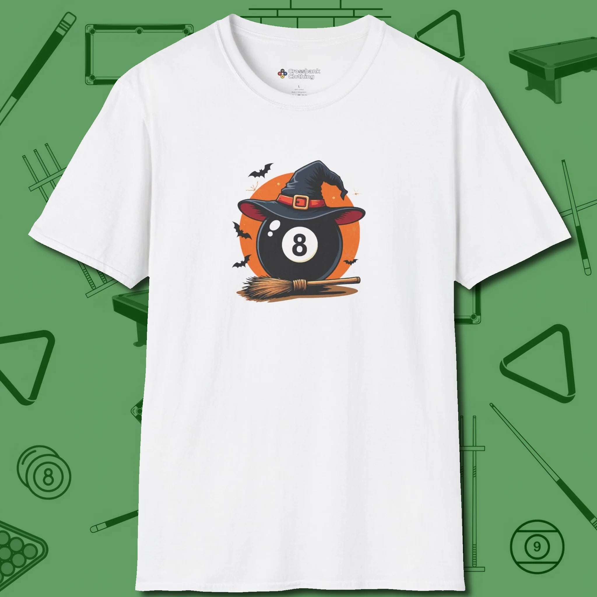 Halloween Witch Eight Ball T-Shirt, front view, in White stitched for cue discipline and cool confidence