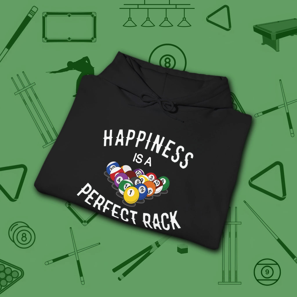 Happiness Is A Perfect Rack Hoodie, in Black color, billiards hoodie, folded view