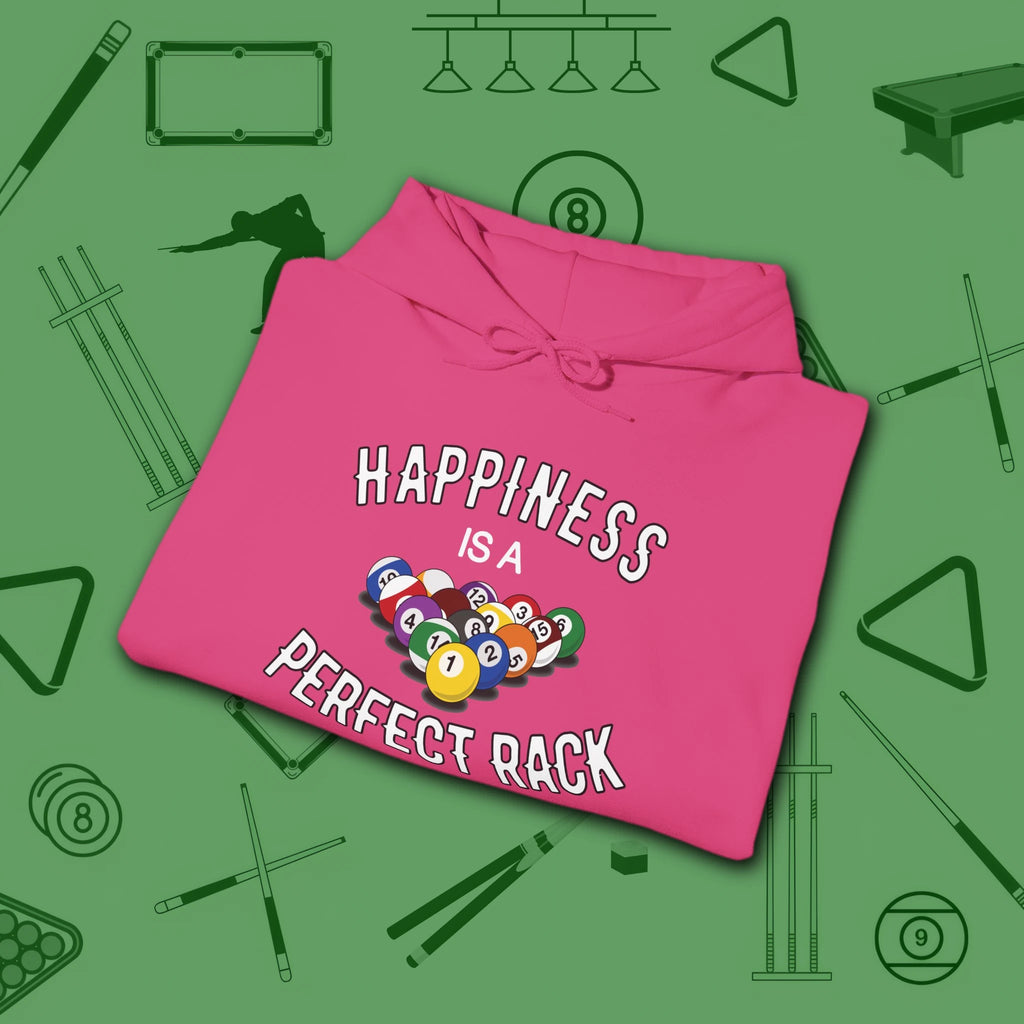 Happiness Is A Perfect Rack Hoodie, in Heliconia color, billiards hoodie, folded view
