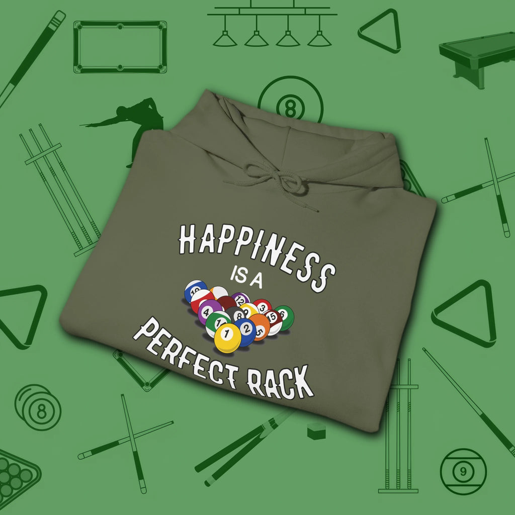Happiness Is A Perfect Rack Hoodie, in Military Green color, billiards hoodie, folded view