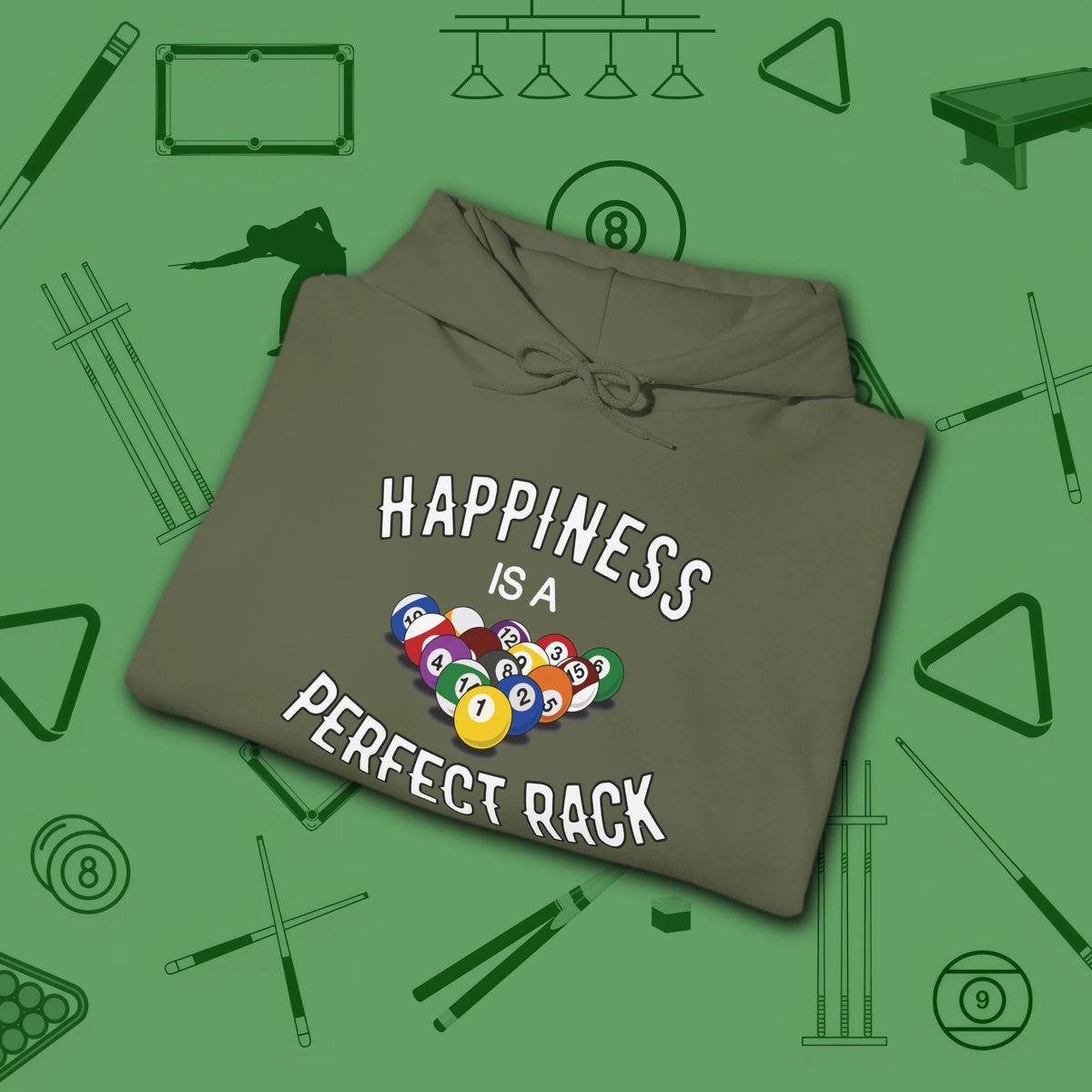 Happiness Is A Perfect Rack Hoodie, in Military Green color, billiards hoodie, folded view