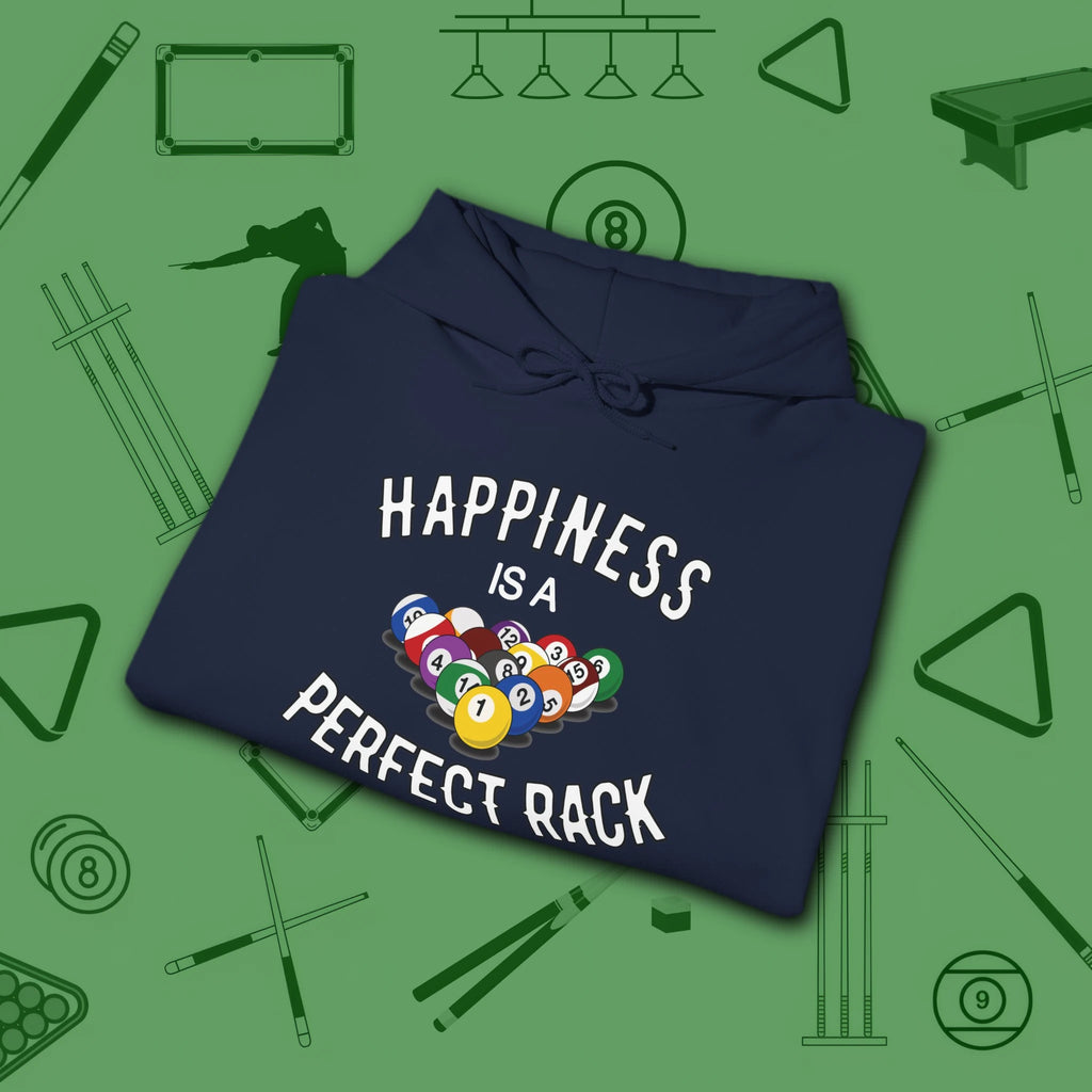Happiness Is A Perfect Rack Hoodie, in Navy color, billiards hoodie, folded view