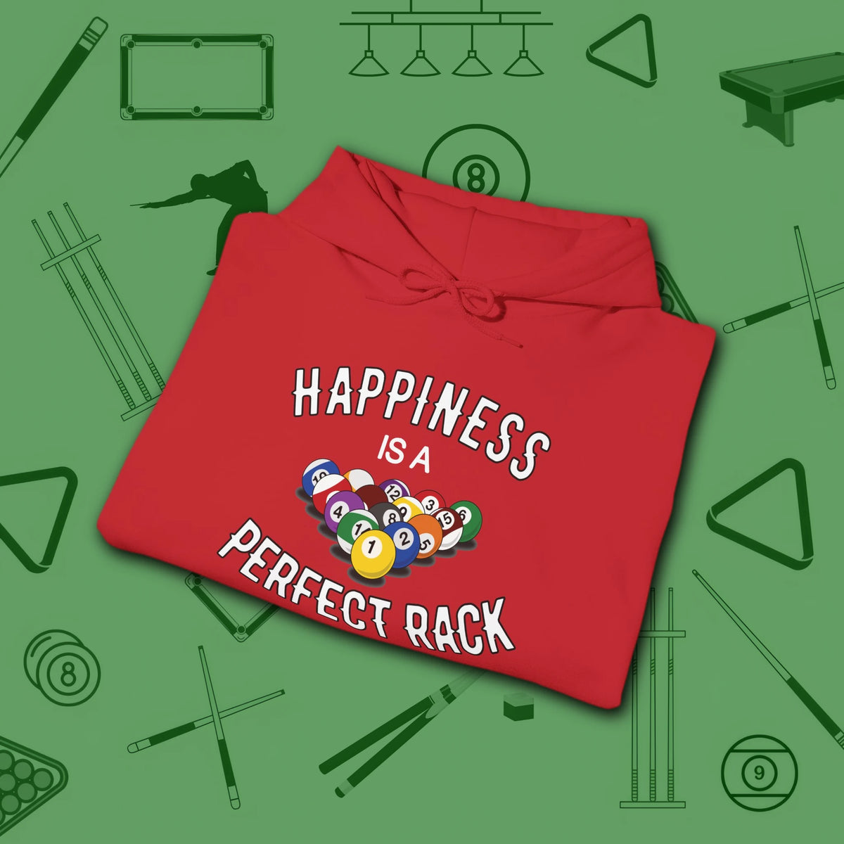 Happiness Is A Perfect Rack Hoodie, in Red color, billiards hoodie, folded view