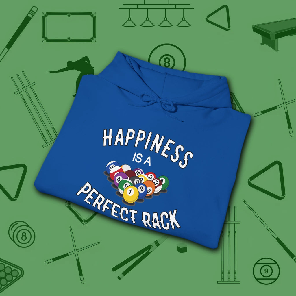 Happiness Is A Perfect Rack Hoodie, in Royal color, billiards hoodie, folded view