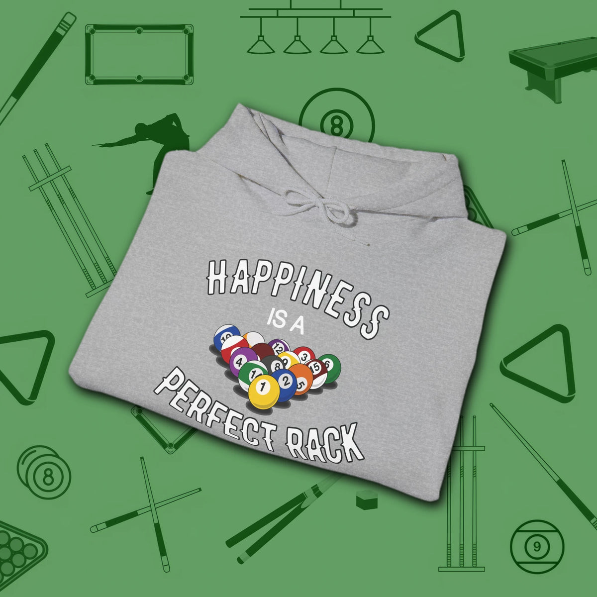 Happiness Is A Perfect Rack Hoodie, in Sport Grey color, billiards hoodie, folded view