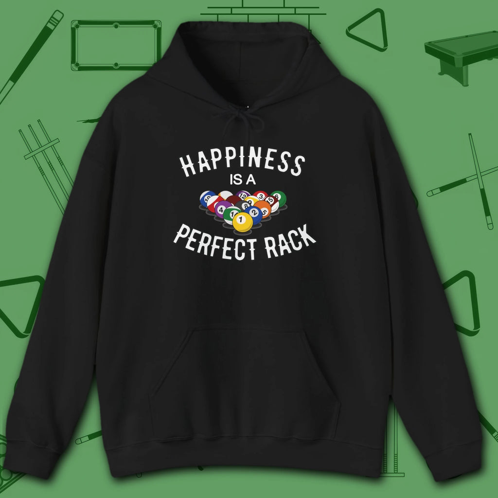 Happiness Is A Perfect Rack Hoodie, in Black color, billiards hoodie, front view