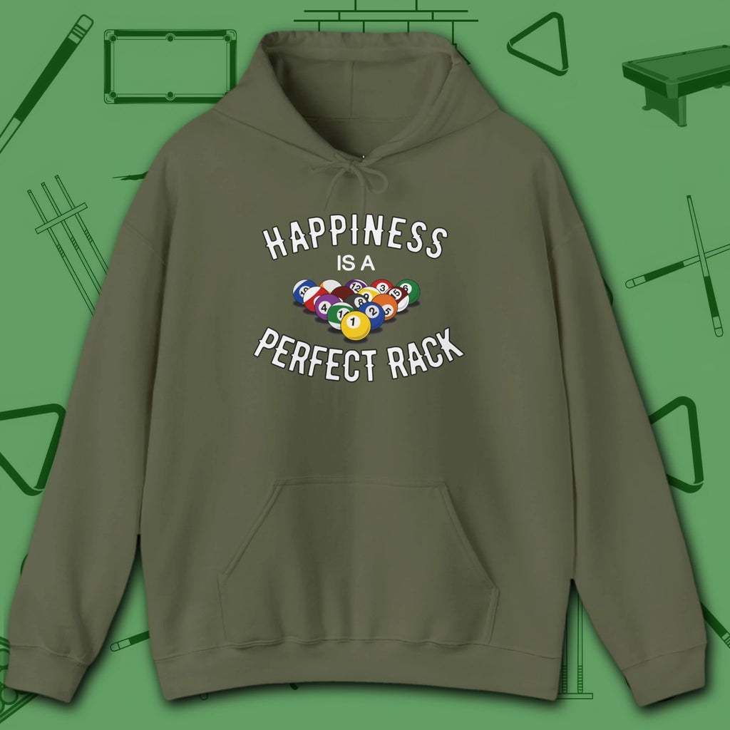 Happiness Is A Perfect Rack Hoodie, in Military Green color, billiards hoodie, front view