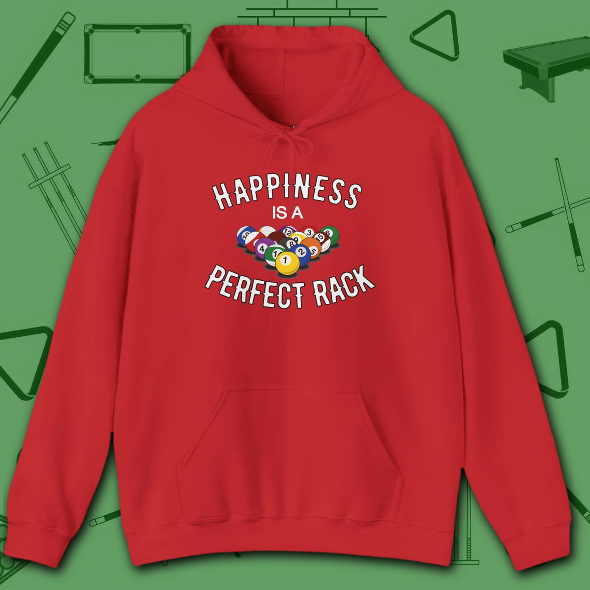 Happiness Is A Perfect Rack Hoodie, in Red color, billiards hoodie, front view