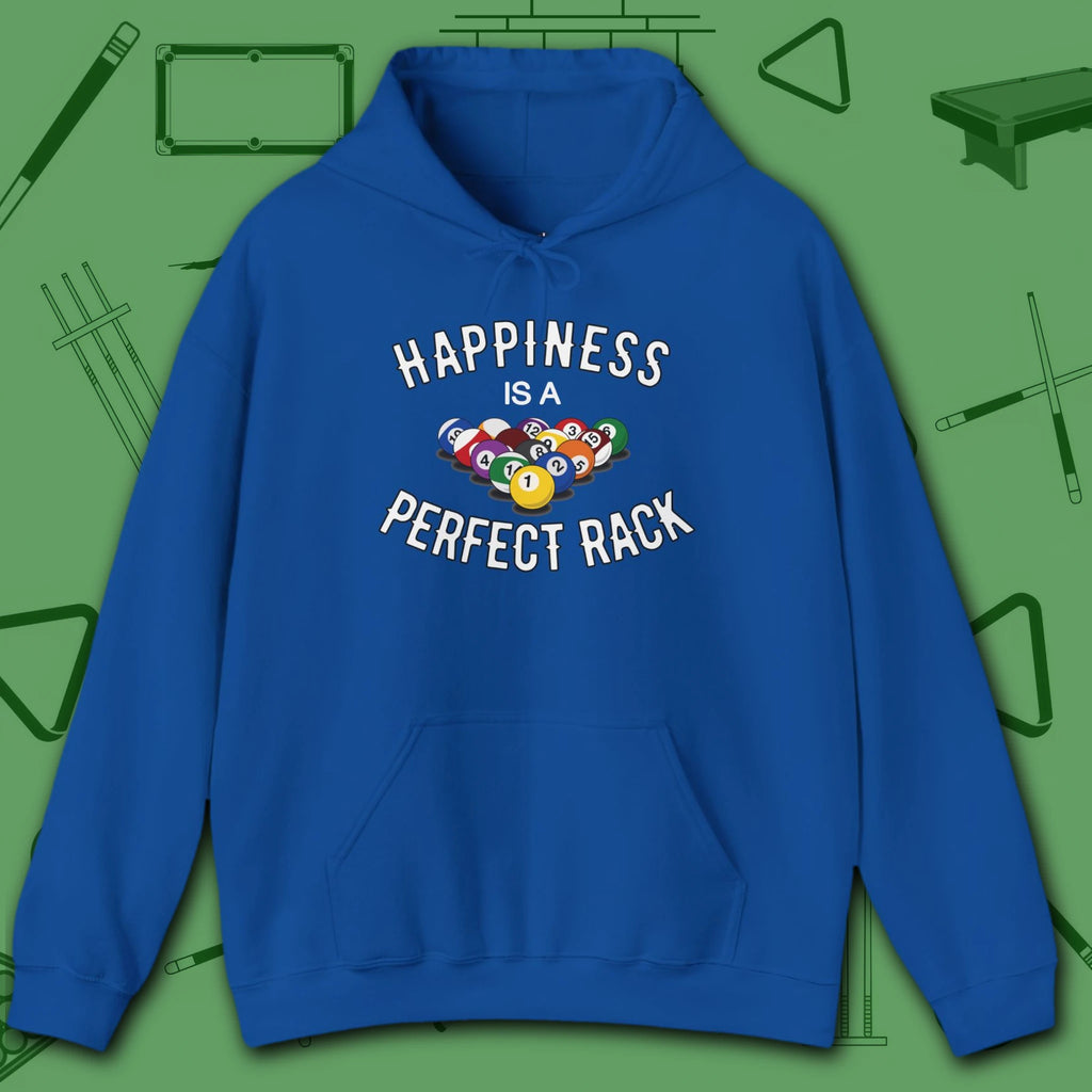 Happiness Is A Perfect Rack Hoodie, in Royal color, billiards hoodie, front view