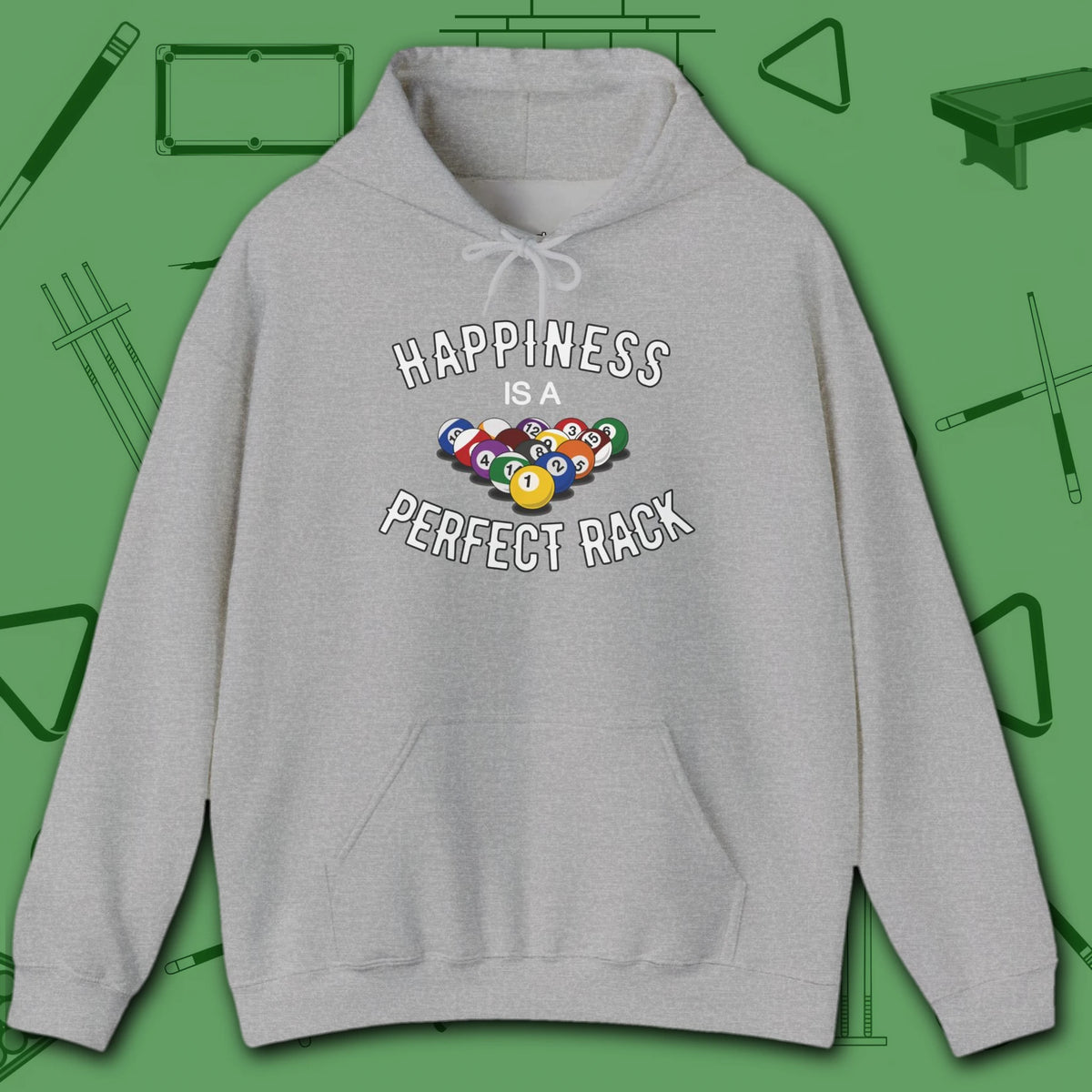 Happiness Is A Perfect Rack Hoodie, in Sport Grey color, billiards hoodie, front view