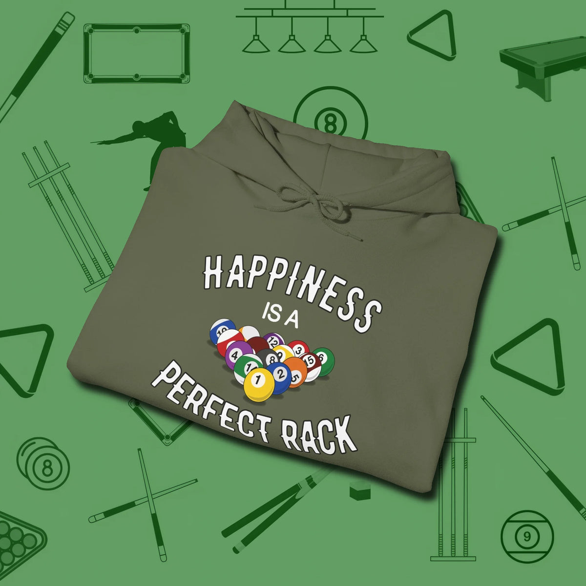 Happiness Is A Perfect Rack Hoodie, folded view, in Military Green table-tested, street-approved style
