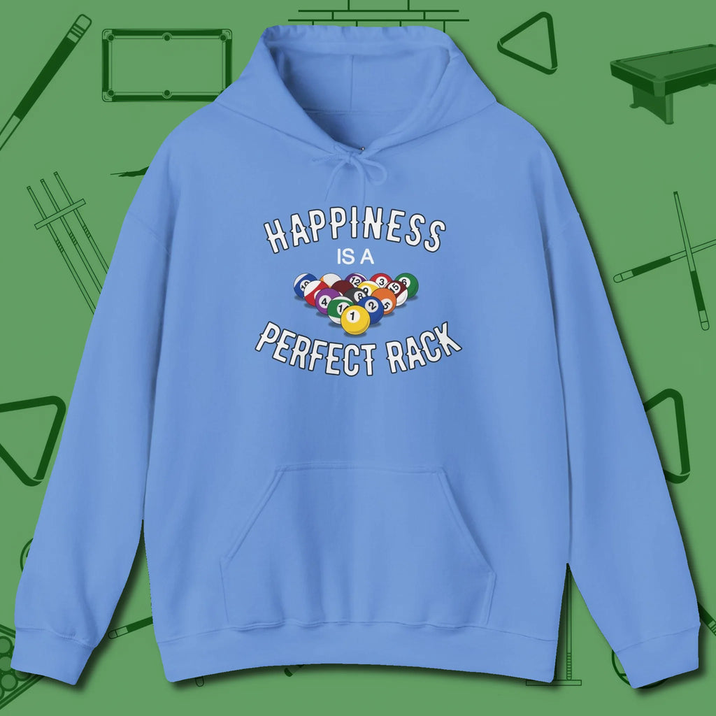 Happiness Is A Perfect Rack Hoodie, front view, in Carolina Blue your go-to shirt for league night victories