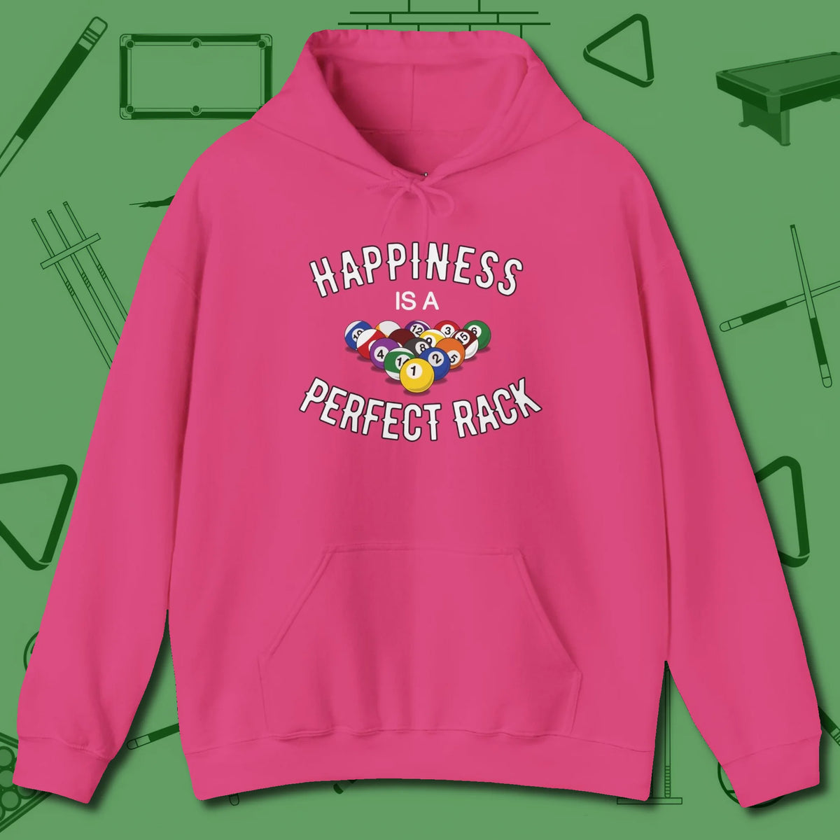 Happiness Is A Perfect Rack Hoodie, front view, in Heliconia clean lines for dirty minds