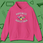 Happiness Is A Perfect Rack Hoodie, front view, in Heliconia clean lines for dirty minds