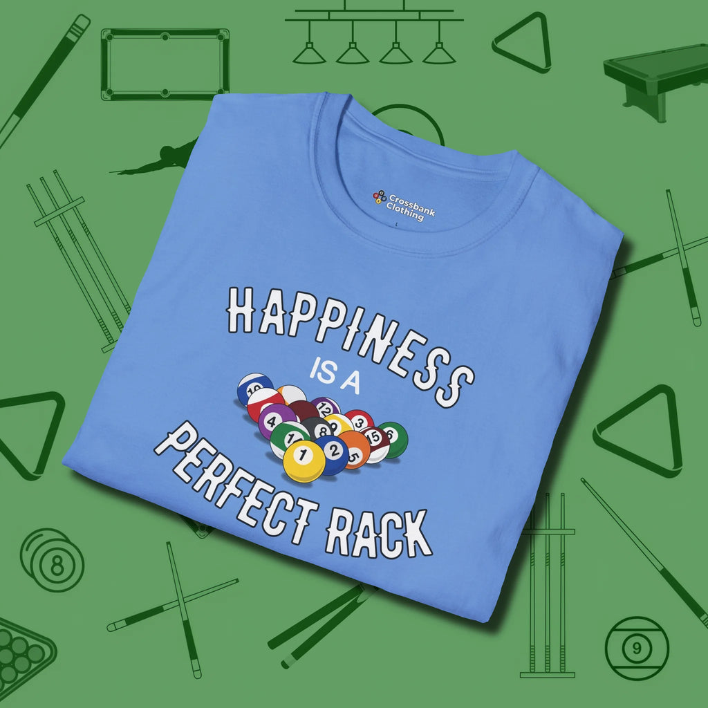 Happiness Is A Perfect Rack T-Shirt, folded view, in Carolina Blue styled to dominate from rack to run-out