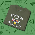 Happiness Is A Perfect Rack T-Shirt, folded view, in Military Green helps your stroke and your style