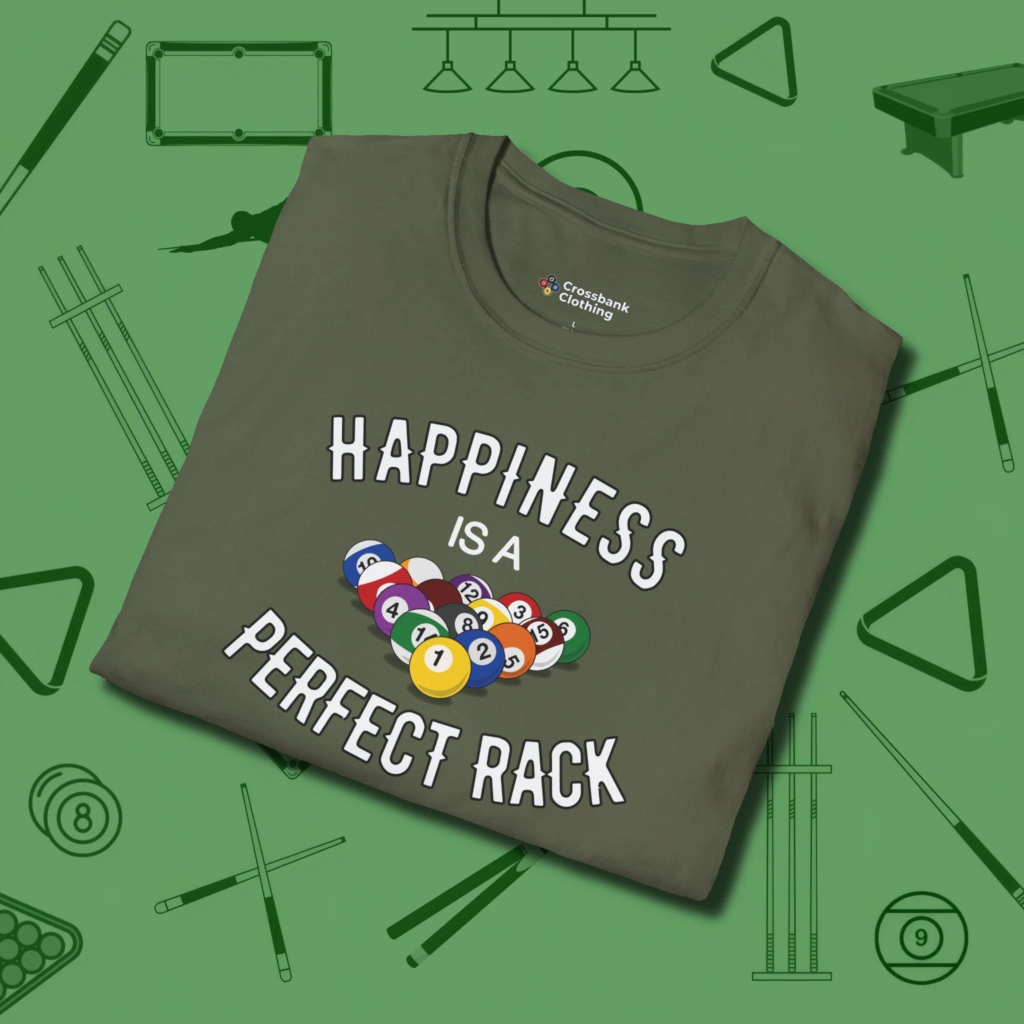 Happiness Is A Perfect Rack T-Shirt, folded view, in Military Green helps your stroke and your style