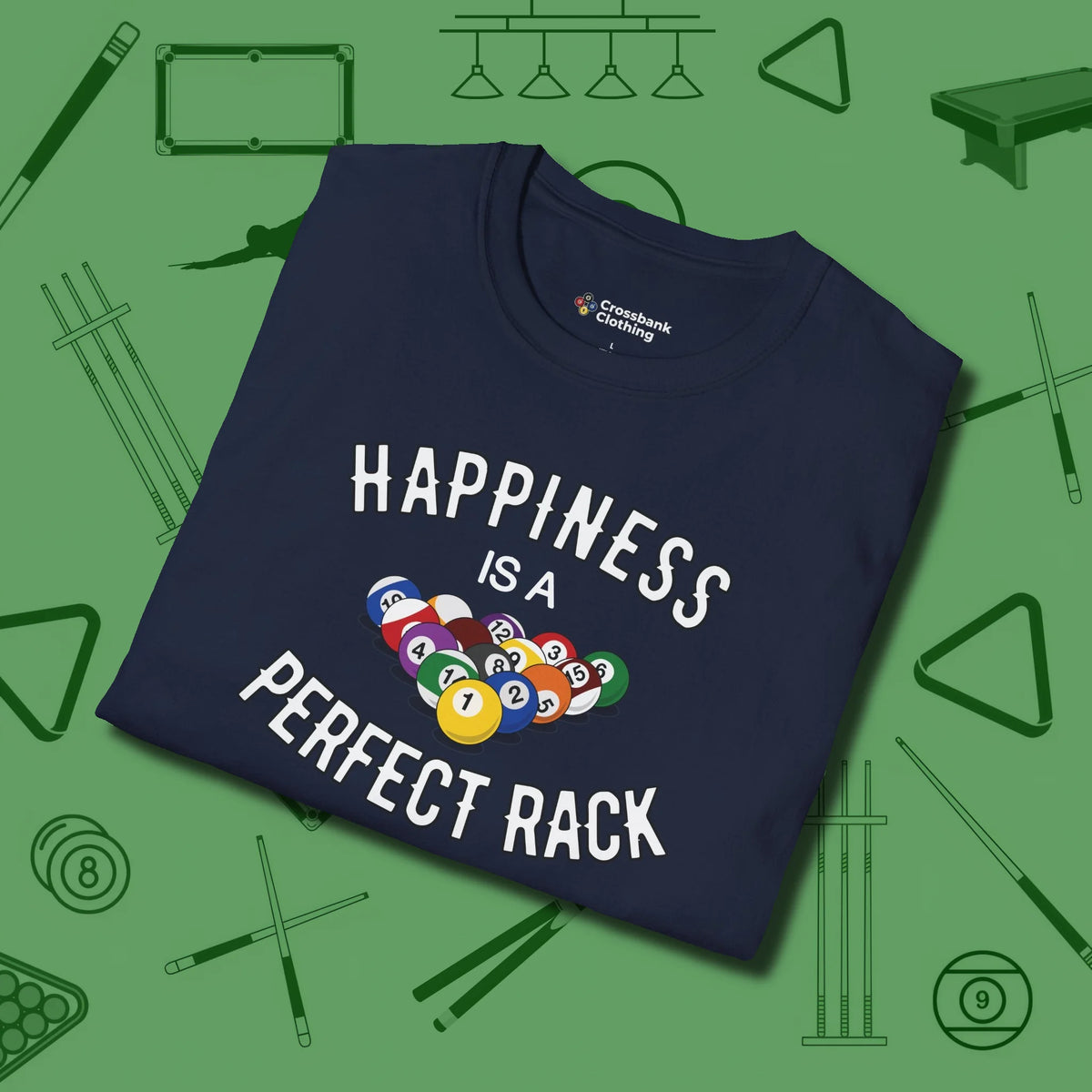 Happiness Is A Perfect Rack T-Shirt, folded view, in Navy not your average 8-ball graphic tee