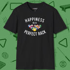 Happiness Is A Perfect Rack T-Shirt, front view, in Black for shooters who dress like they play: sharp