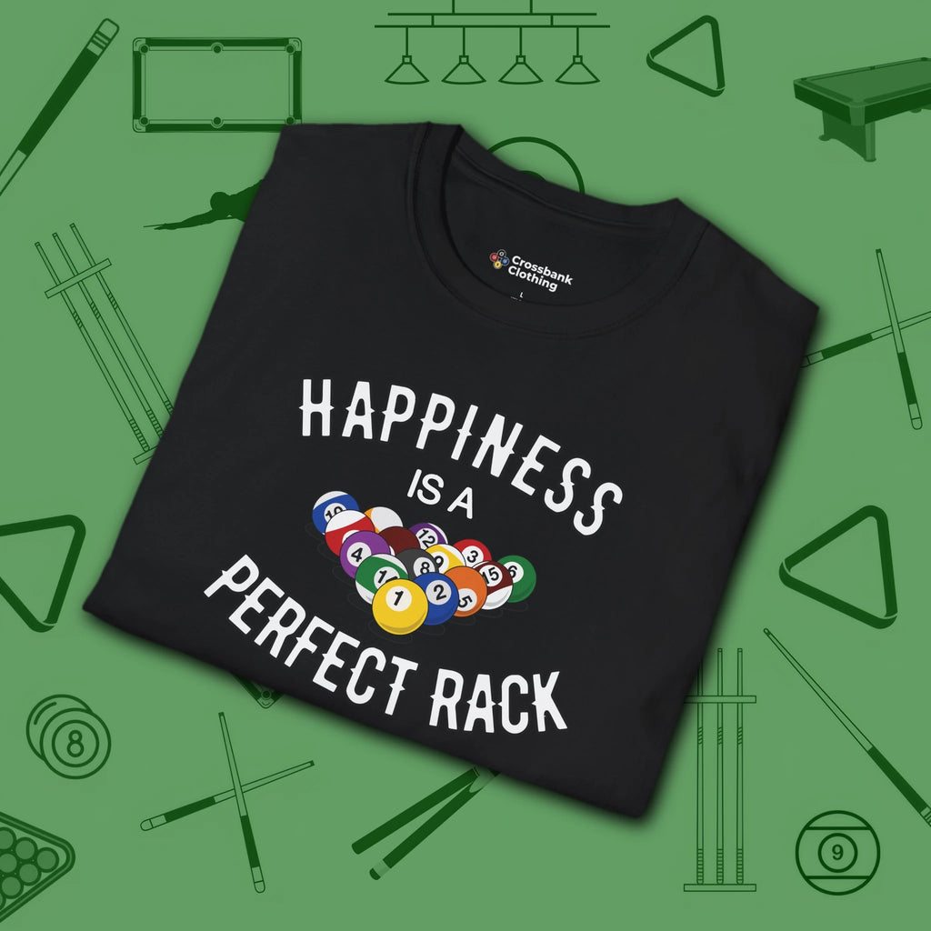 Happiness Is A Perfect Rack T-Shirt, in Black color, billiards shirt, folded view