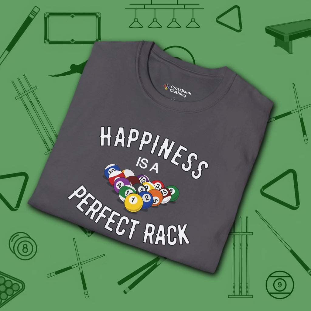 Happiness Is A Perfect Rack T-Shirt, in Charcoal color, billiards shirt, folded view