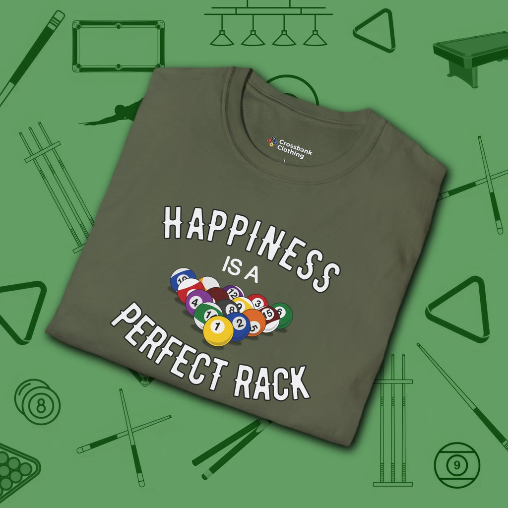 Happiness Is A Perfect Rack T-Shirt, in Military Green color, billiards shirt, folded view