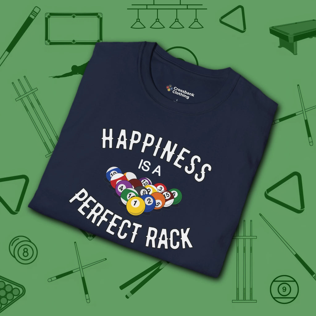Happiness Is A Perfect Rack T-Shirt, in Navy color, billiards shirt, folded view