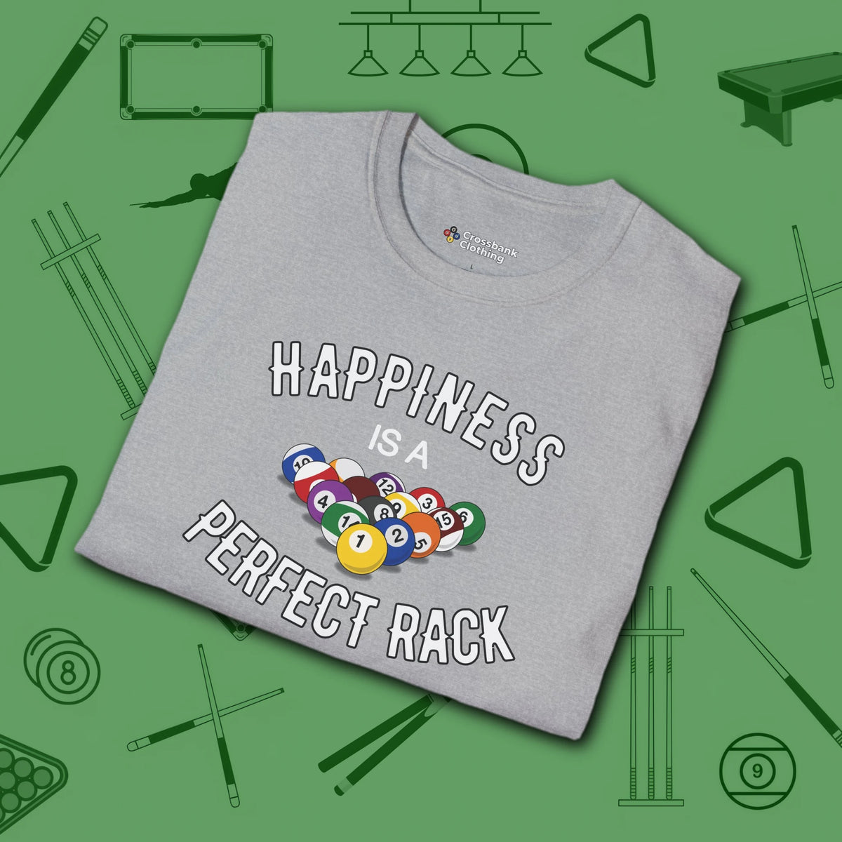 Happiness Is A Perfect Rack T-Shirt, in Sport Grey color, billiards shirt, folded view
