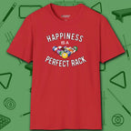 Happiness Is A Perfect Rack T-Shirt, in Red color, billiards shirt, front view