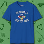 Happiness Is A Perfect Rack T-Shirt, in Royal color, billiards shirt, front view